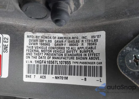 2007 Honda Civic Lx из США, поврежденный, VIN 1HGFA16567L107855